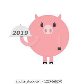 2019 Happy New Year greeting card. Celebration pig on background.