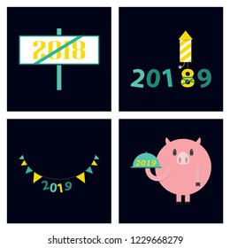 2019 Happy New Year greeting card. Celebration white background with pig and place for your text. Vector Illustration