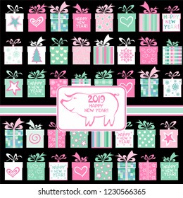2019 Happy New Year. Greeting card. Celebration black background with pink pig,  Christmas gift boxes, Christmas tree, star, heart, snowflakes, balls and place for your text. Vector Illustration