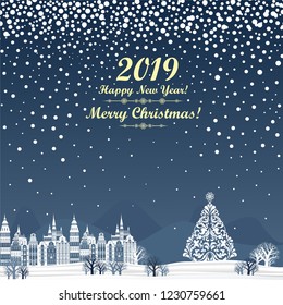 2019 Happy New Year greeting card. Christmas tree.  Celebration blue background with Christmas Landscape, Christmas tree and place for your text. Vector Illustration 