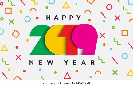 2019, Happy New Year. Greeting card with inscription Happy New Year 2019. Memphis geometric bright style for Happy New Year or Merry Christmas. Vector Illustration, Holiday background, banner template