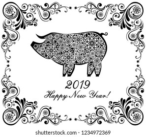 2019 Happy New Year greeting card. Celebration background with pig,  snowflakes, frame and place for your text. Winter holidays. Pig icon in trendy flat style isolated on background. Vector