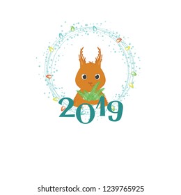 2019 Happy New Year greeting card with a little cute funny happy squirrel