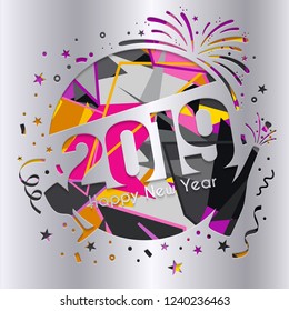 2019 Happy New Year greeting card. Numbers, bottle of Champagne, glass, firework and confetti cutted from silver paper. Vector.
