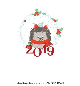 2019 Happy New Year greeting card with a little cute funny hedgehog