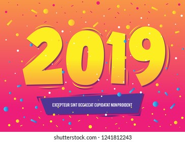 2019 Happy New Year. Greeting card with inscription Happy New Year 2019. Happy New Year or Merry Christmas. Holiday background, banner, poster. Vector Illustration