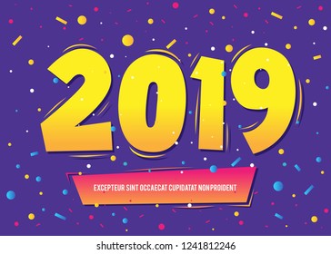 2019 Happy New Year. Greeting card with inscription Happy New Year 2019. Happy New Year or Merry Christmas. Holiday background, banner, poster. Vector Illustration