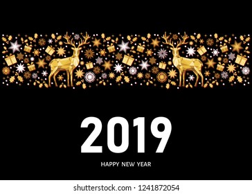 2019 Happy New Year greeting card on black  background with golden Christmas pattern with Xmas deer and snowflakes. Vector template.