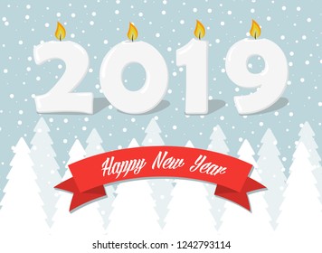 2019 Happy New Year greeting card with snowy winter trees and snowflakes 