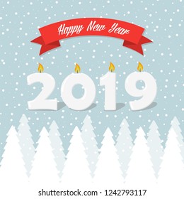 2019 Happy New Year greeting card with snowy winter trees and snowflakes 