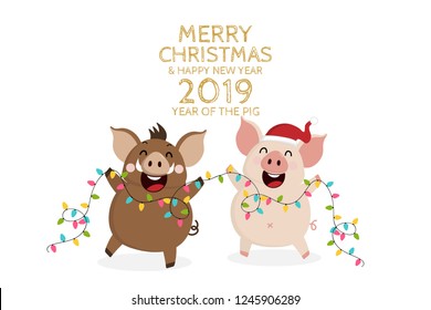 2019 Happy new year greeting card. Cute pig and boar with Christmas lights . Animal in holidays cartoon character.