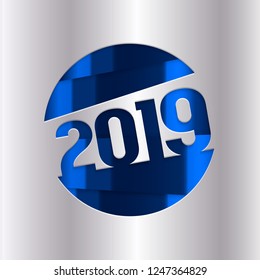 2019 Happy New Year greeting card. Numbers cut from silver paper. Vector.