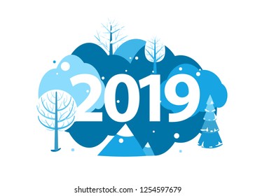 2019 Happy new year greeting card. Winter holiday landscape round concept with trees, mountains, spruce and fir. Round design concept isolated on white. Vector illustration