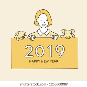 2019 happy new year greeting card concept hand drawn style vector design illustrations.