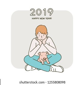 2019 happy new year greeting card concept hand drawn style vector design illustrations.