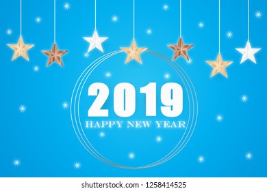 2019 Happy New Year greeting card concept with white numbers paper cut  on blue background with clouds and star on snowing  background Greetings Card  for  