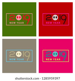2019 Happy New Year greeting card. Celebration white background with pig and place for your text. Vector Illustration