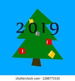 2019 Happy New Year greeting card. Christmas tree in green color.