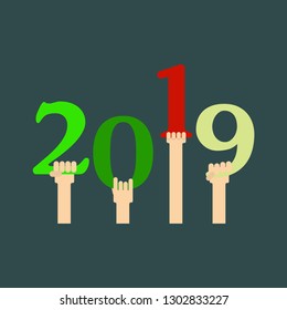 2019 Happy New Year greeting card. Celebration hands take number of year 2019. Color number in the hand