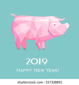 2019 Happy New Year greeting card. Celebration mint background with pink pig and place for your text.  Vector Illustration