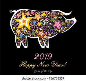 2019 Happy New Year greeting card. Celebration black background with  pig and place for your text. Vector Illustration