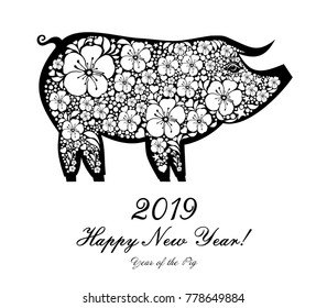 2019 Happy New Year greeting card. Celebration white background with pig and place for your text. Vector Illustration