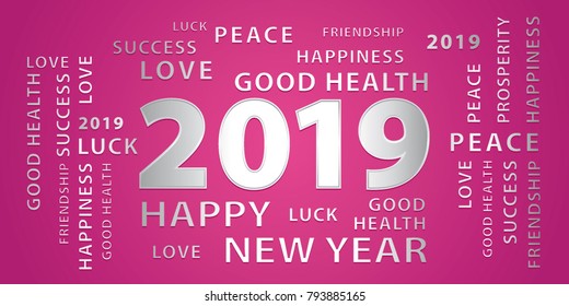 2019 Happy New Year greetings vector banner. Pink and silver.