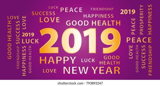 2019 Happy New Year greetings vector banner. Purple and gold. 