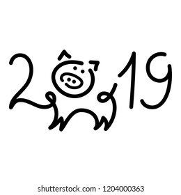 2019 Happy New year.  Hand drawing funny pig. Outline . Template design cards, posters, invitations.Vector illustration. 