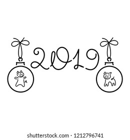 2019. Happy New Year, hand writing. Christmas balls with cute pigs, snowflakes. Vector illustration. Print for posters and greeting cards design.