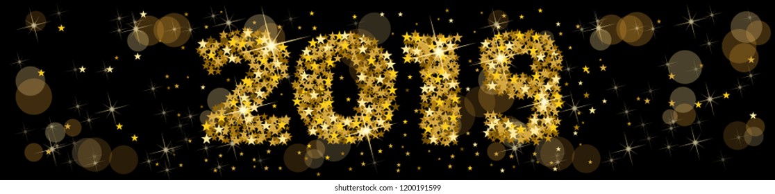 2019 Happy New Year header, golden stars with blurry light. Black background 