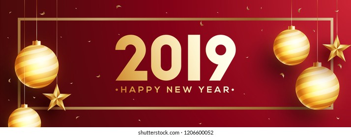 2019 Happy New Year header or banner design decorated with glowing hanging baubles and stars.