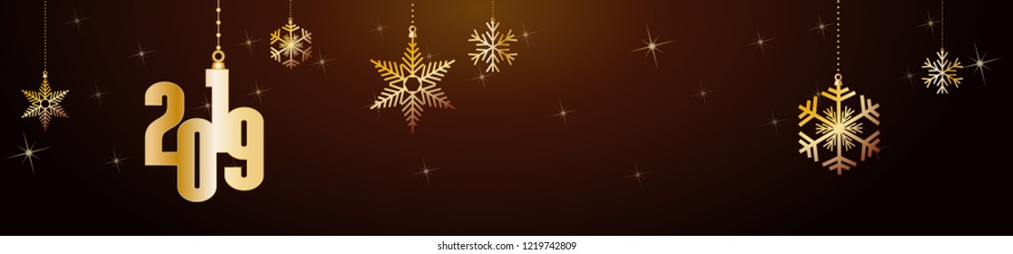 2019 Happy New Year header background. Golden balls and stars, banner