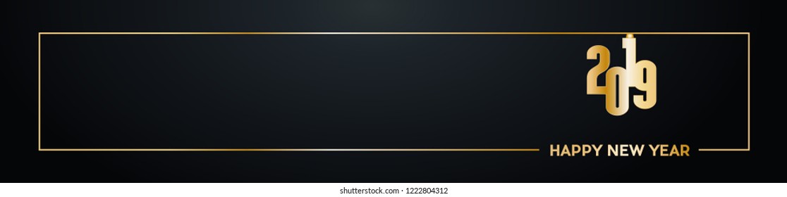 2019 Happy New Year header background. Golden text with frame, banner
