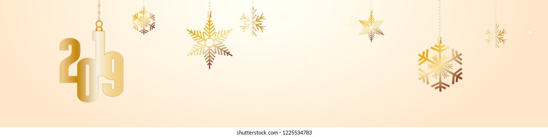 2019 Happy New Year header background. Golden balls and stars, banner