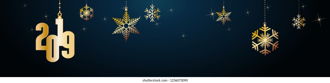2019 Happy New Year header background. Golden balls and stars, banner