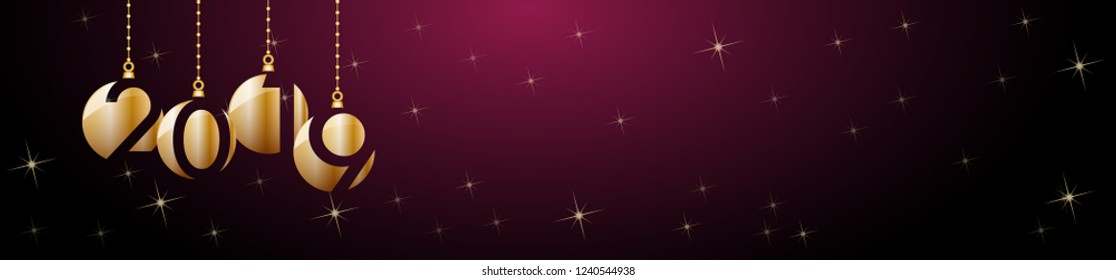 2019 Happy New Year header background. Golden balls and stars, banner