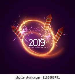 2019  Happy New Year  Holiday vector illustration  Festive light banner and sparkling firework rockets  fireworks  flashes   text label  New Year poster template design 
