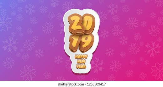 2019 Happy new year horizontal banner background with colorful numbers and cartoon greeting text. Happy new year label or icon isolated on violet background with falling snowflakes