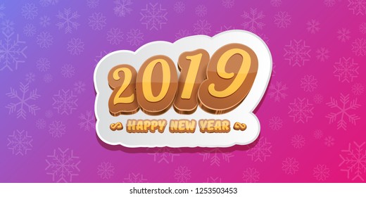 2019 Happy new year horizontal banner background with colorful numbers and cartoon greeting text. Happy new year label or icon isolated on violet background with falling snowflakes