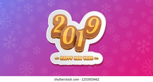 2019 Happy new year horizontal banner background with colorful numbers and cartoon greeting text. Happy new year label or icon isolated on violet background with falling snowflakes