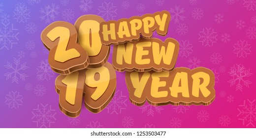 2019 Happy new year horizontal banner background with colorful numbers and cartoon greeting text. Happy new year label or icon isolated on violet background with falling snowflakes