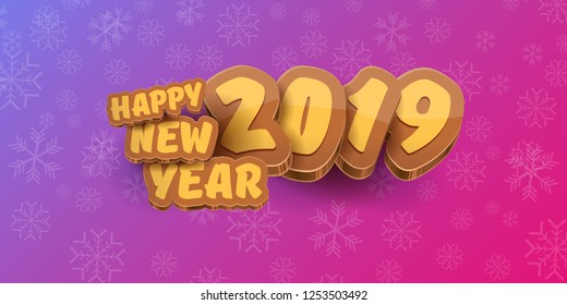 2019 Happy new year horizontal banner background with colorful numbers and cartoon greeting text. Happy new year label or icon isolated on violet background with falling snowflakes