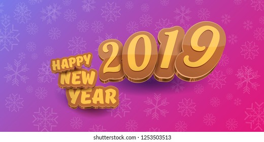 2019 Happy new year horizontal banner background with colorful numbers and cartoon greeting text. Happy new year label or icon isolated on violet background with falling snowflakes