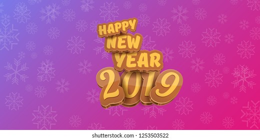 2019 Happy new year horizontal banner background with colorful numbers and cartoon greeting text. Happy new year label or icon isolated on violet background with falling snowflakes