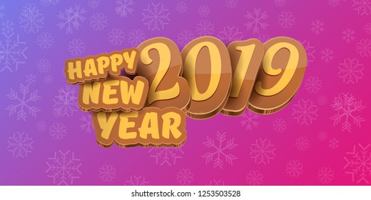 2019 Happy new year horizontal banner background with colorful numbers and cartoon greeting text. Happy new year label or icon isolated on violet background with falling snowflakes