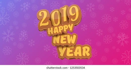 2019 Happy new year horizontal banner background with colorful numbers and cartoon greeting text. Happy new year label or icon isolated on violet background with falling snowflakes