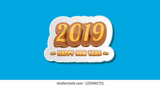 2019 Happy new year horizontal banner background with colorful numbers and cartoon greeting text. Happy new year label or icon isolated on blue background