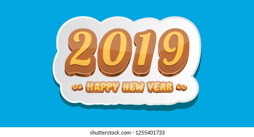 2019 Happy new year horizontal banner background with colorful numbers and cartoon greeting text. Happy new year label or icon isolated on blue background