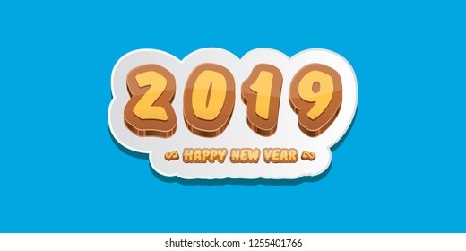 2019 Happy new year horizontal banner background with colorful numbers and cartoon greeting text. Happy new year label or icon isolated on blue background